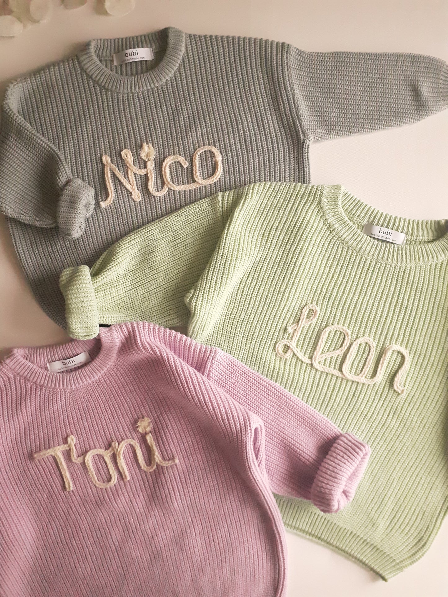 Personalisierter Baby- und Kinderpullover mit Namen, Motiv oder Wort, Namenspullover, Geschenk zur Geburt, Geburtstag, Taufe, mint