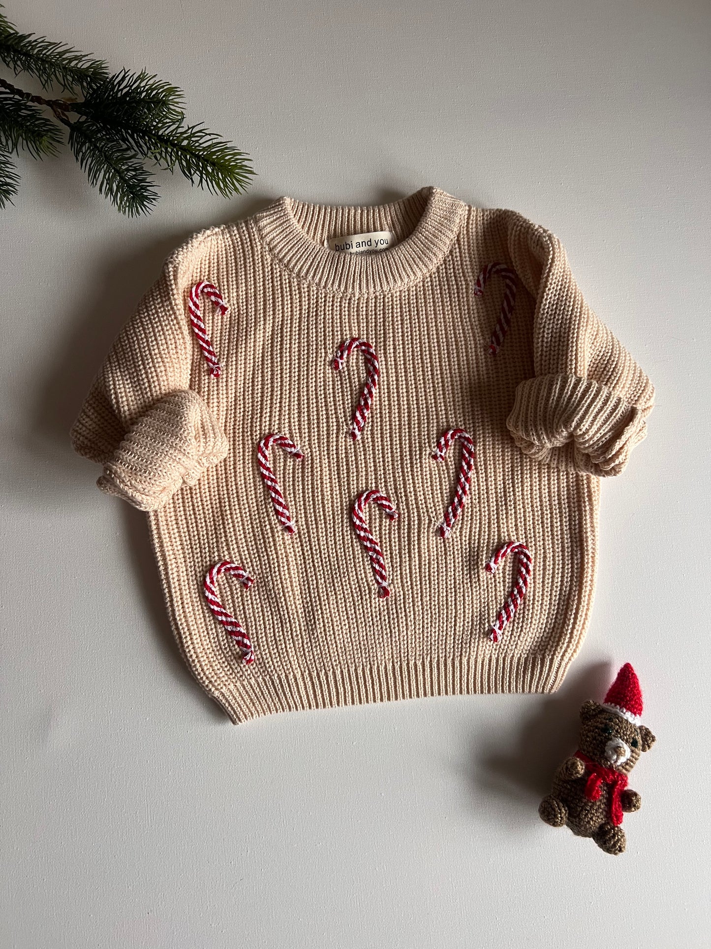 Weihnachts Kollektion - Strickpullover hafer mit Zuckerstangen