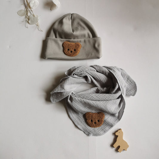 BÄRCHEN BEANIE MIT SCHAL- grau